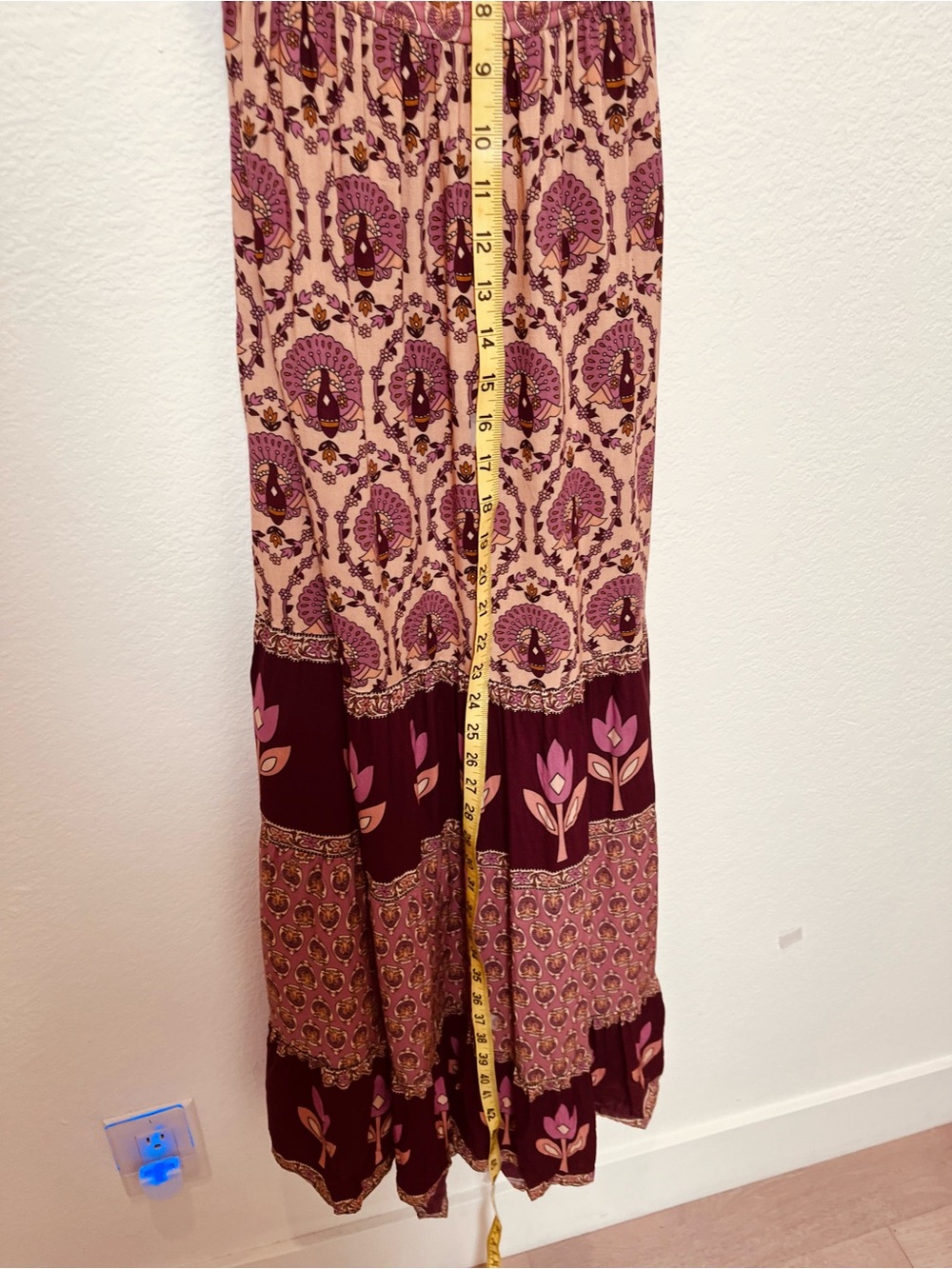 Spell Floral Boho/Gypsy Tiered Spaghetti Strap Maxi Dress - Pink Burgundy Cream - Picture 11 of 12